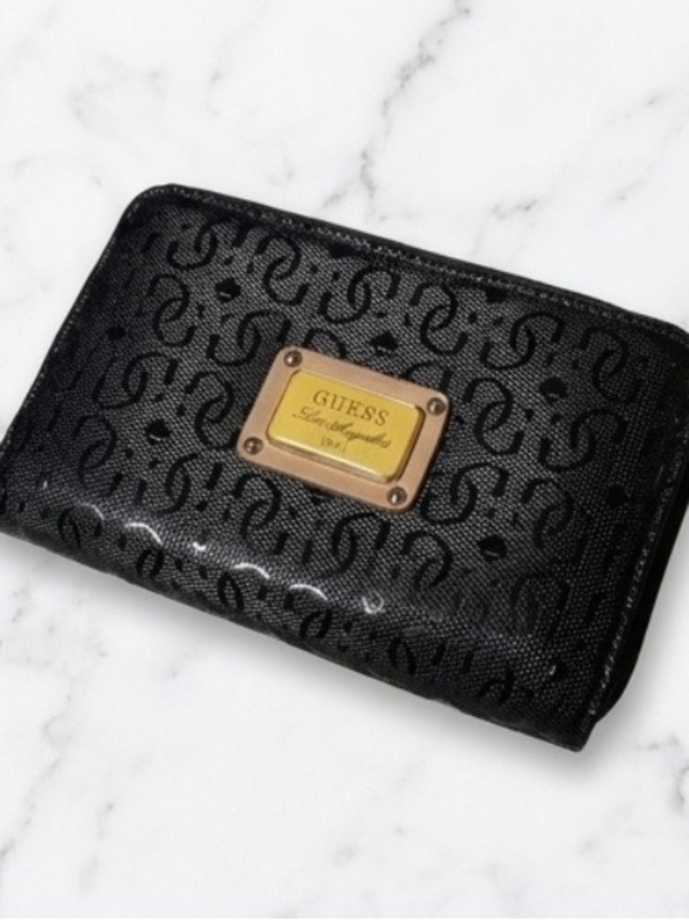 Guess Black Monogram Zip-Around Wallet with yellow Plaque pink interior